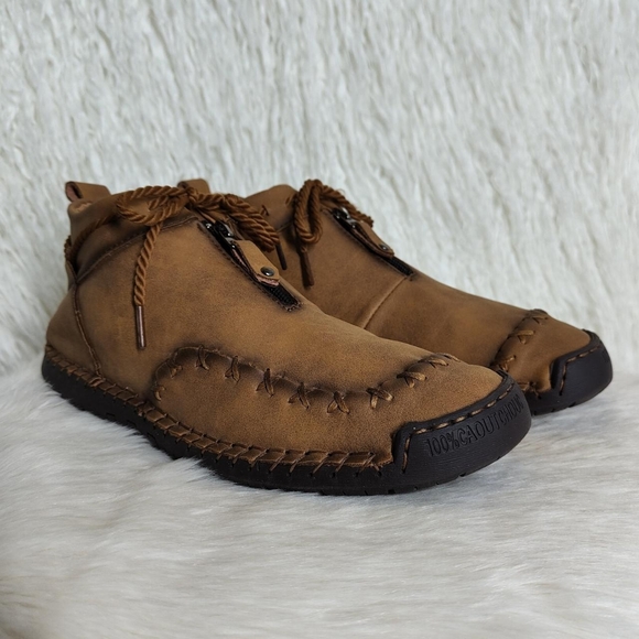 Menico Tan Faux Leather Earth Stitch Zipper Ankle Boots